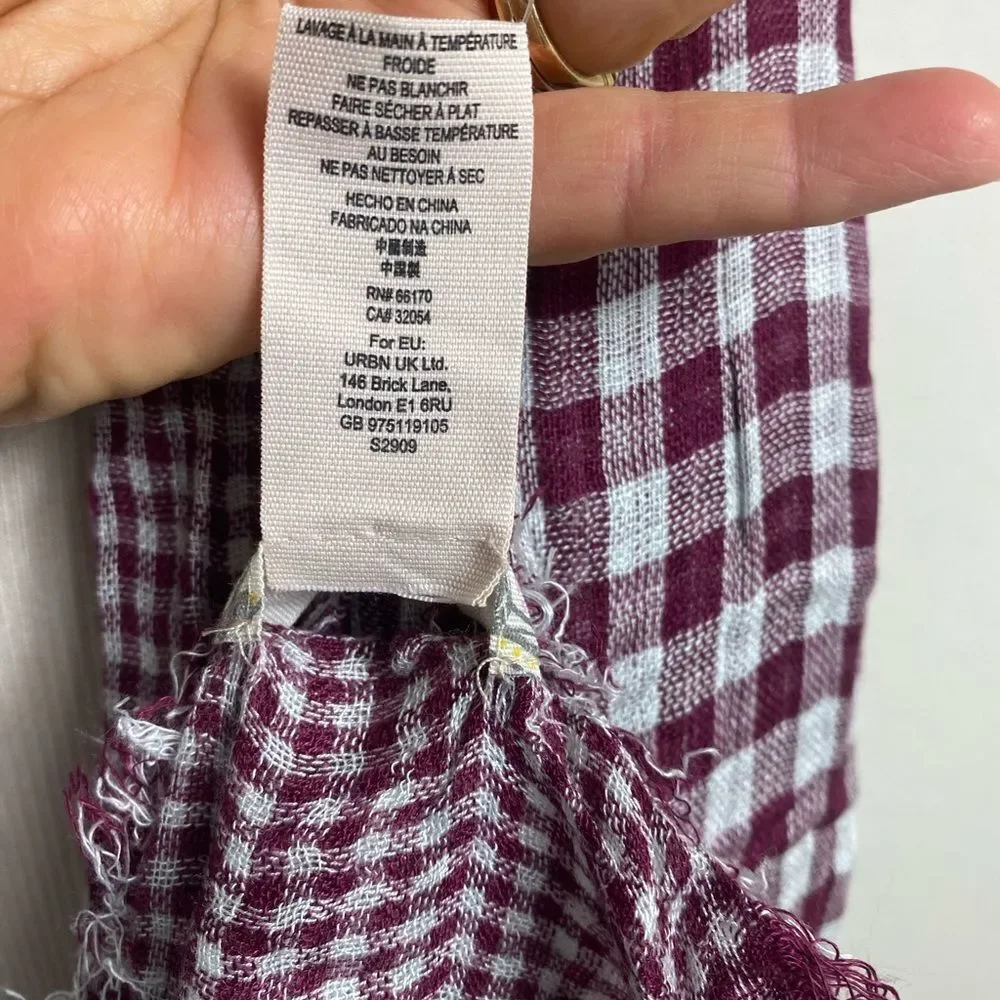 Free People Burgundy and White Checkered Scarf